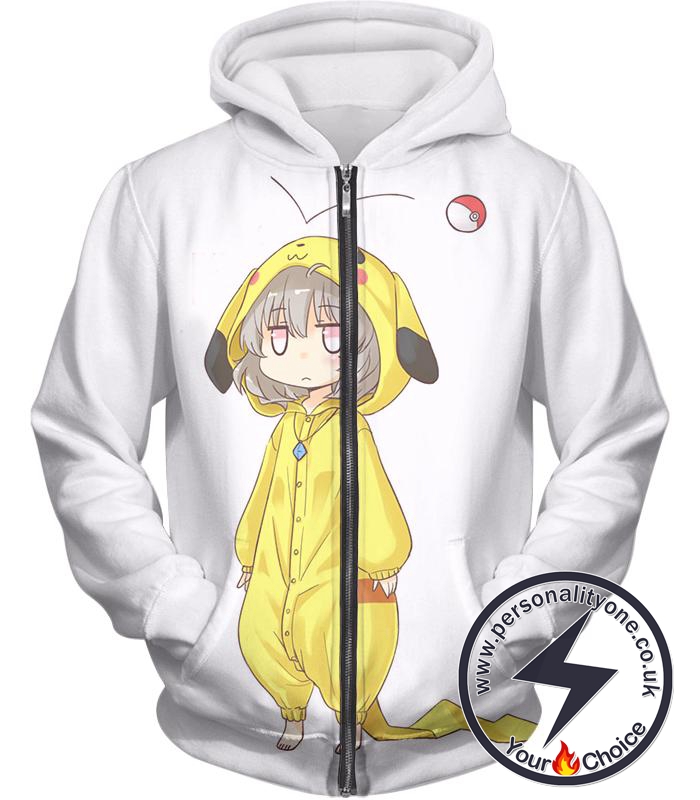 Pokemon Super Cool Pokemon Promo Pikachu Uniform Awesome White Anime Zip Up Hoodie